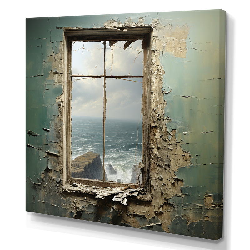 Cliffside Window View Gaze - Art mural de fenêtres côtières, H 16 po x l 16 po x P 1 po, Toile tendue