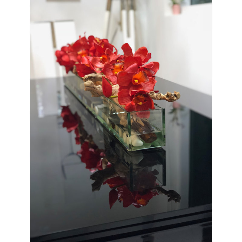 Driftwood Cymbidium Orchids Centerpiece in Glass Planter, 16" H x 48" W x 4" D, Red