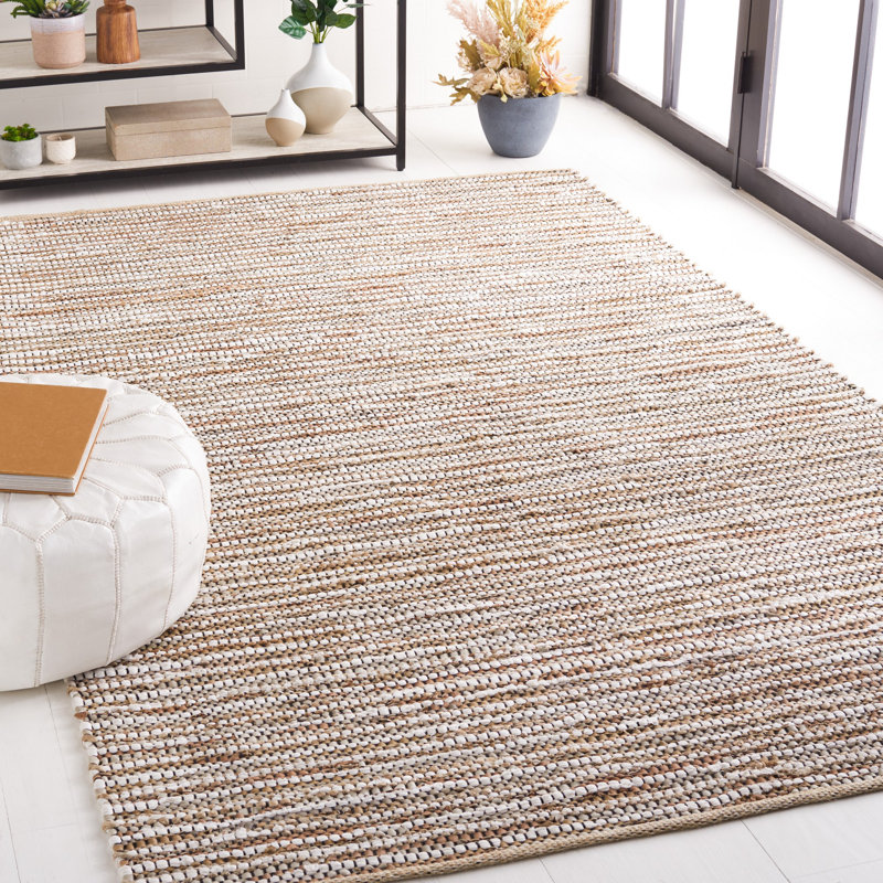 Gerek Vintage Leather Hand Woven Leather/Jute Striped Rug in Beige, Rectangle 5' x 8'