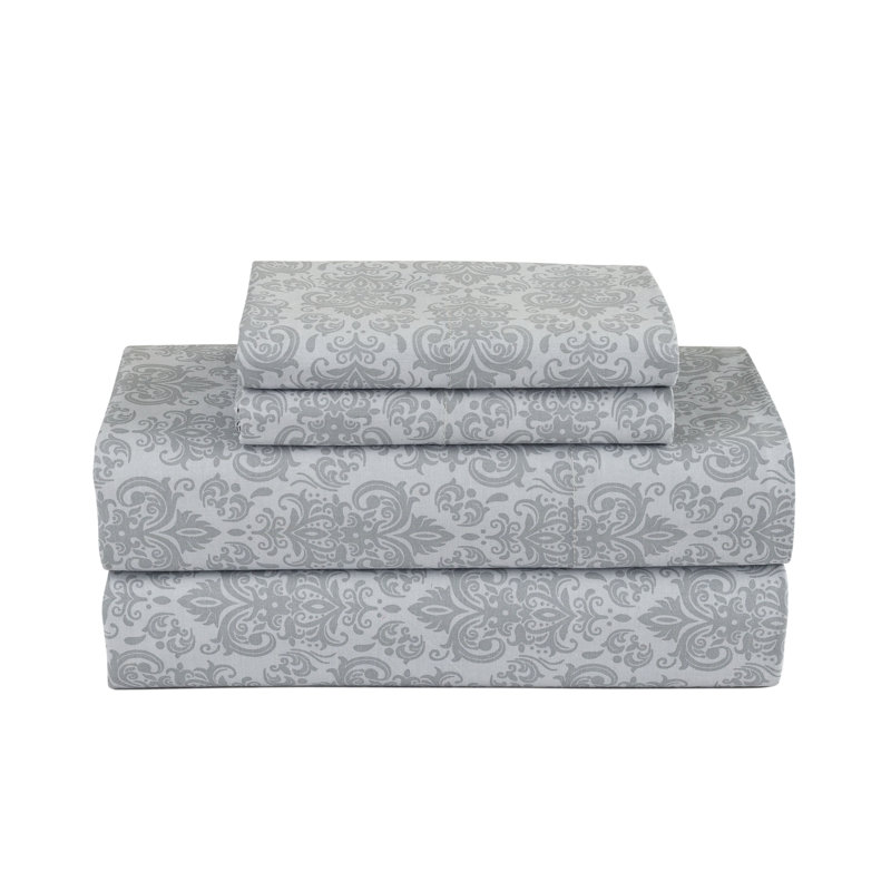 100% Cotton Percale Damask Sheet Set, Full Sheet Set + Fitted Sheet + 2 Pillowcases