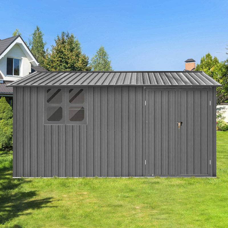 12X10 Ft Metal Garden Sheds Outdoor Storage Sheds Grey With Window With Goods Shelves, Gray