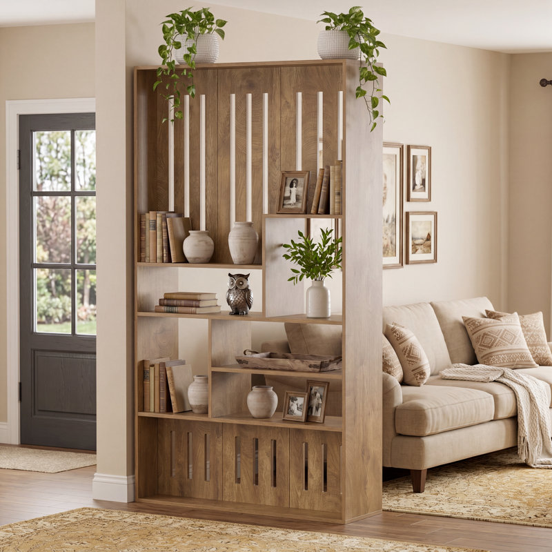 Cloison 70,9 "avec tablettes décalées, cloison de séparation murale pour la maison et le bureau, Brown