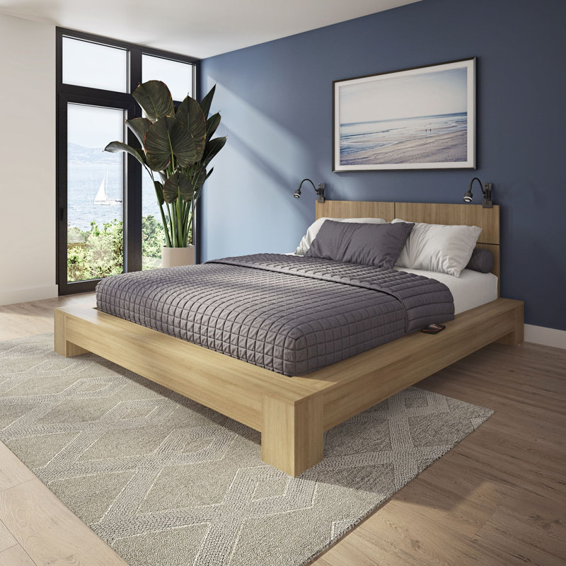 Zen - Lit plateforme avec tête de lit - Assemblage facile, aucun sommier requis, Beige