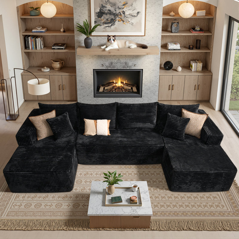 134.7" Oversized 4-Seat U-Shape Modular Corduroy Sectional Sofa, Black Corduroy 