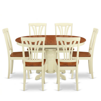 Ensemble de salle à manger ovale 7 pièces en hévéa asiatique et similicuir avec rangement intégré, feuille papillon et 6 chaises
