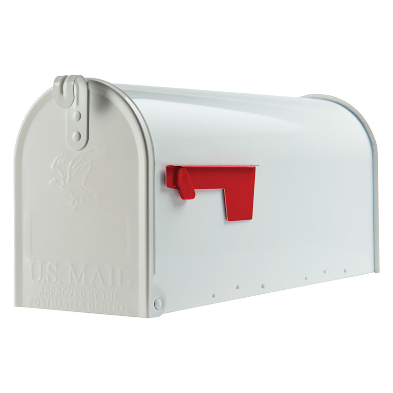 White Medium Steel Post-Mount Mailbox with Red Flag