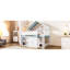 Lit mezzanine double blanc et bleu avec auvent, structure en bois, grand espace de rangement pour équipement de jeu avec toit à baldaquin, construction, accessoires de chambre à coucher-343529459