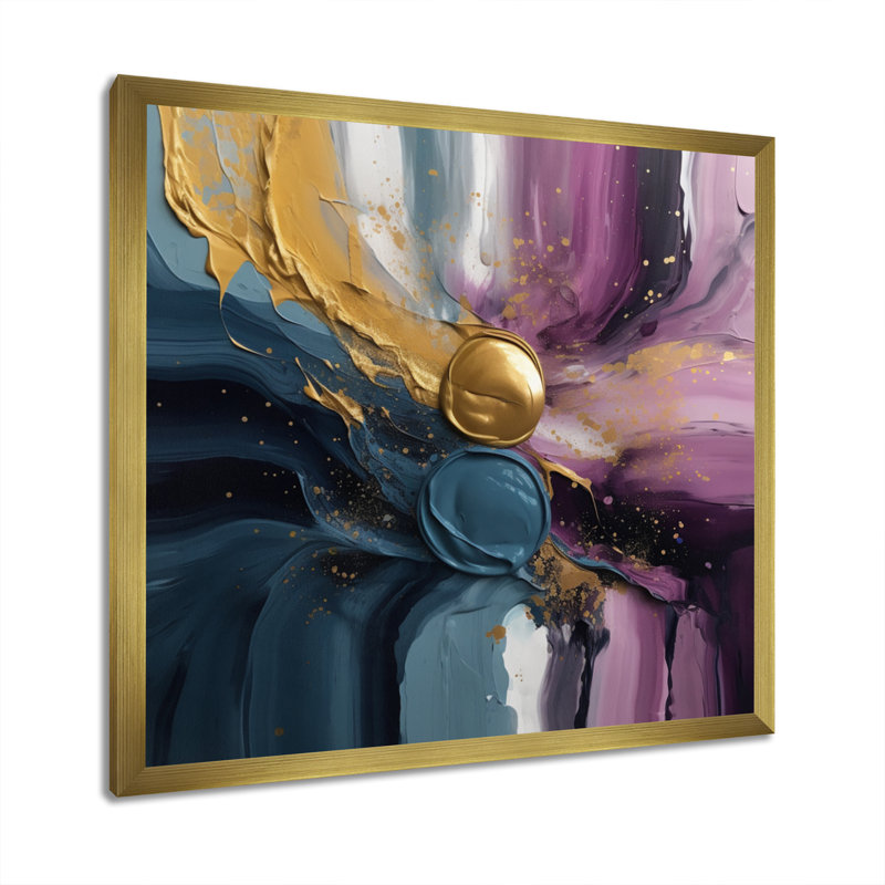Mabe, mouvements mauves et bleus en peinture II sur toile, Encadrement doré, H 30 po x l 30 po x P 1 po