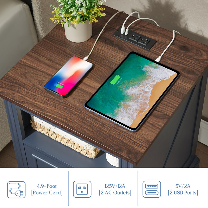 2 Drawers Nightstand with Charging Station, Bedside Table with Open Shelf, Navy Blue, Blue/Brown