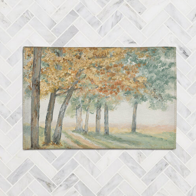 Tapis bleu / jaune tissé à la machine Golden Trees, Rectangulaire 3 pi x 5 pi