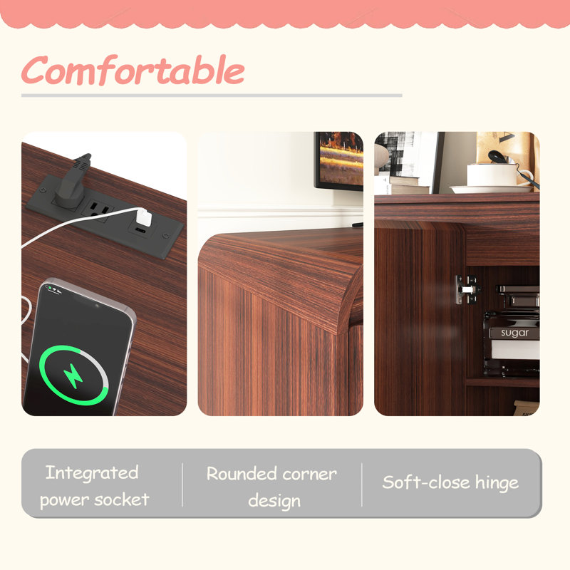 Meuble télé à porte cannelée avec prise de courant, centre de divertissement Wave sans poignée, armoire de rangement à panneau de particules réglable à 3 niveaux, console multimédia multifonctionnelle et buffet Buffet
