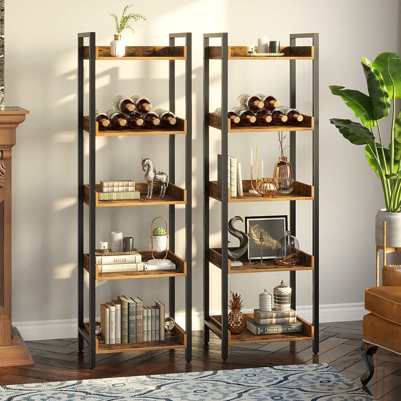 5 Tier Narrow Corner Bookshelf, Wooden Display and Storage, Rustic Brown, 54" H x 15" W x 11" D