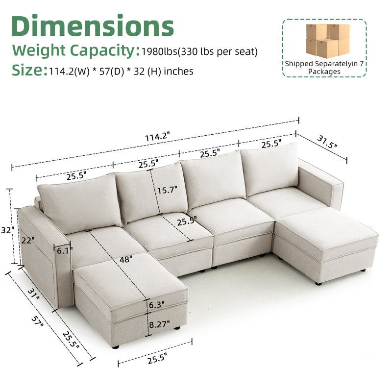 Canapé modulaire de 114 po avec rangement, canapé en U pour salon, Beige