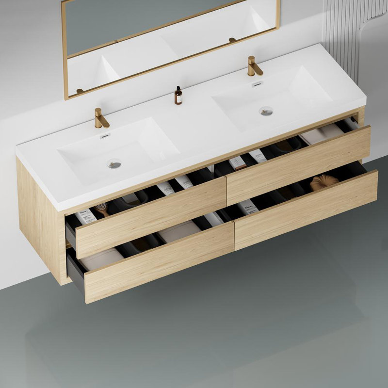 72" Wall-Mounted Bathroom Vanity, Oak Natural Wood
