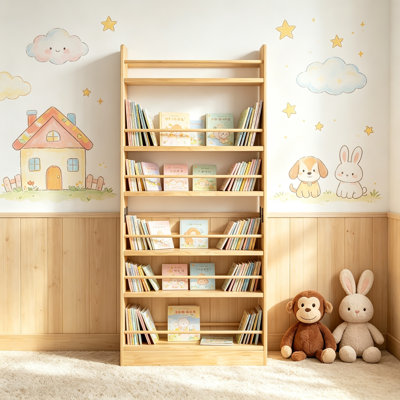 6-Tier Behind The Door Bookshelf, Solid Wood Wall Mount Bookcase with Open Storage – Space-Saving Kids Bookshelf for Bedroom, Playroom & Living Room, Natural Wood