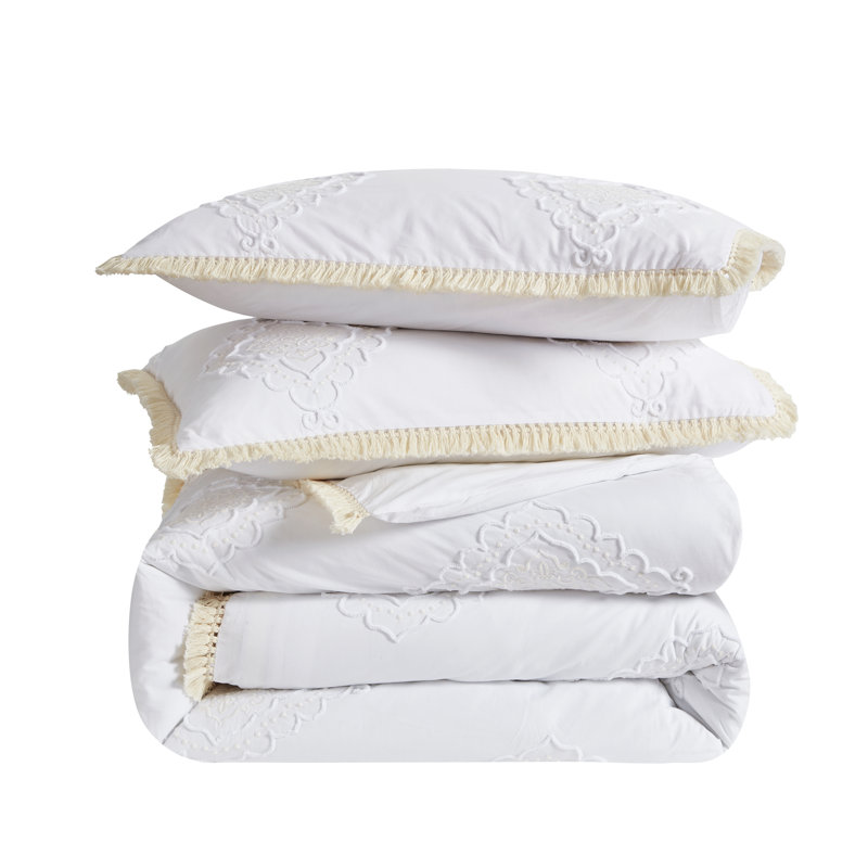 Ensemble de housse de couette en coton à broderie Molly - Blanc