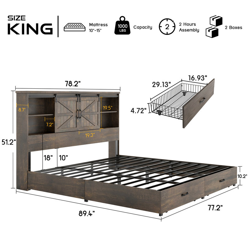 King Brown Wood Platform Bed Frame with Bookcase Headboard and Storage