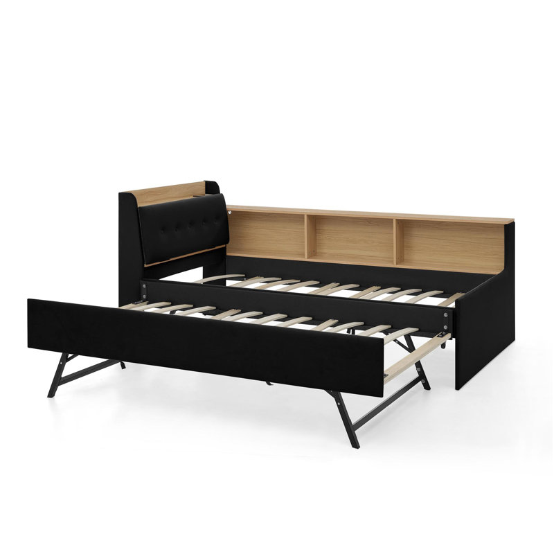 Lit de jour simple à hauteur ajustable en velours avec tête de lit à rangement et chargement sans fil, lit de jour multifonctionnel avec lit gigogne et lumières DEL, noir