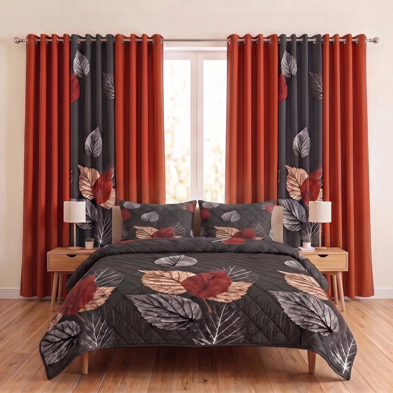 Ensemble de literie 9 pièces à feuilles noires et terre cuite avec rideaux filtrant la lumière, couvre-lit matelassé en microfibre, 2 taies décoratives et 6 panneaux de fenêtre