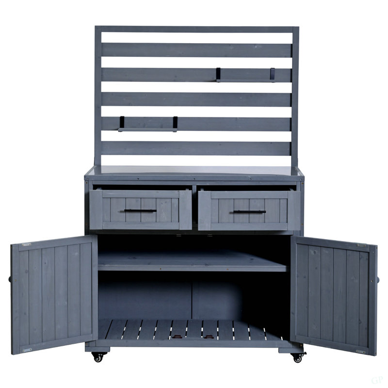 64.9'' H Large Patio Kitchen Island Solid Wood Kitchen Cart, Grill Prep BBQ Table, Garden Potting Bench With Stainless Table Top, 3 Movable Shelves And 2 Drawers