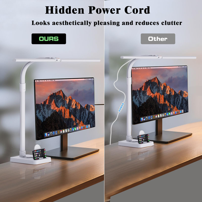 LED Desk Lamp For Home Office, 24W Bright Desk Lamp With Phone Holder Base - 25 Lighting Modes Eye-Caring Desk Light Adjustable Gooseneck Lamp For Workbench Drafting Reading Study-White