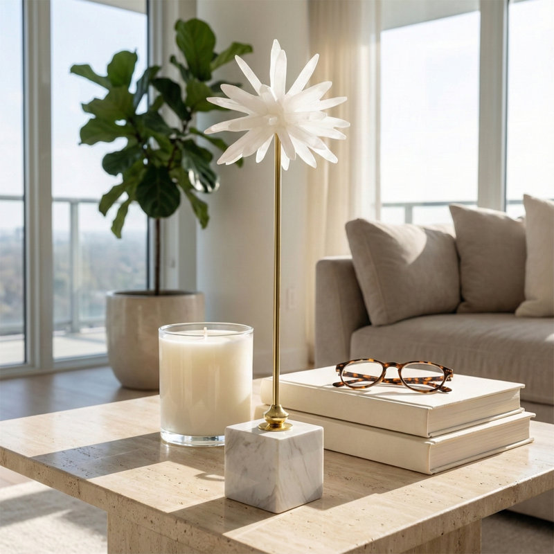 Decorative Marble Starburst Statue Object with Metal Stem for Home Decor - Modern Sculpture Accent for Living Room Decoration - White & Gold