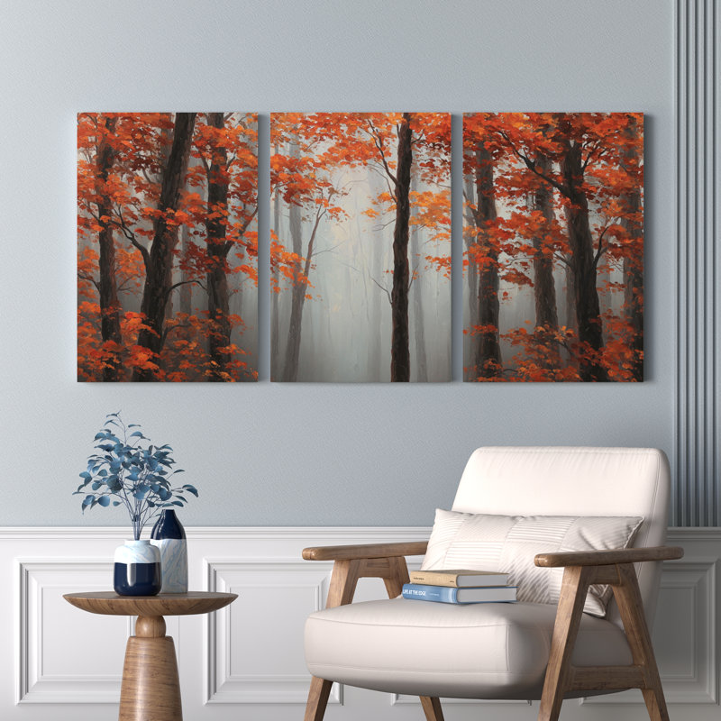 Ensemble de 3 tableaux sur toile représentant un paysage de forêt d'automne, H 24 po x l 48 po