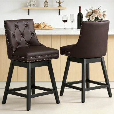 Upholstered Swivel Nailhead Trim Tufted Barstool with Solid Wood Frame (Set of 2)