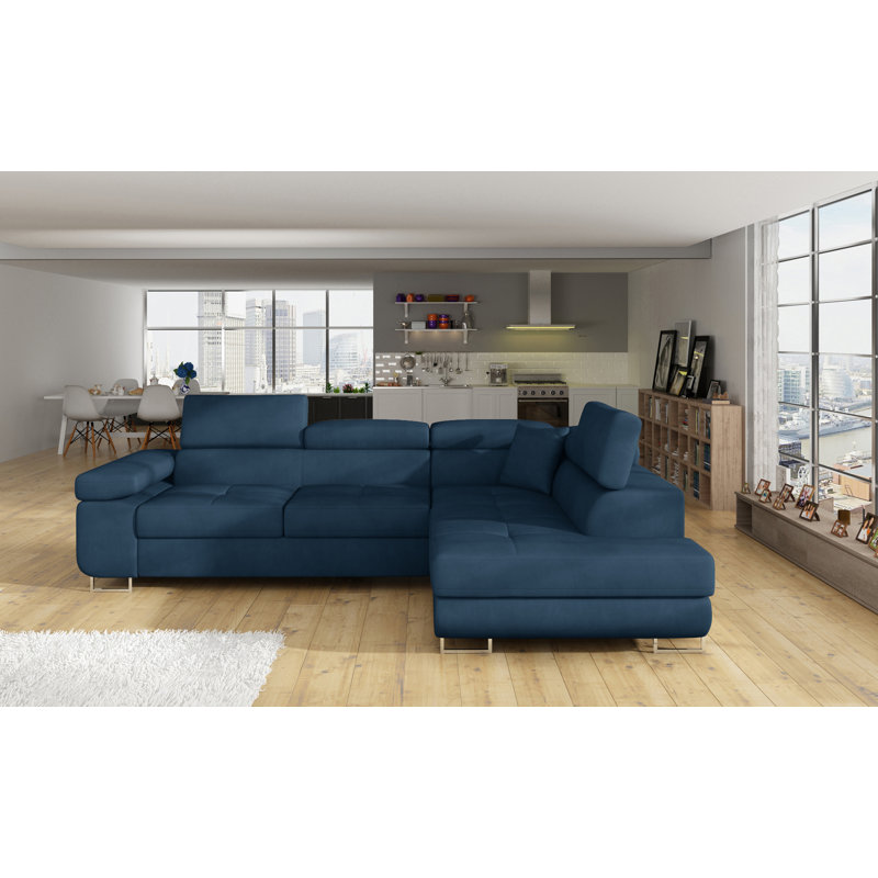 Leffel 3 Seater Velvet Sofa Bed, Blue, Right Hand Facing