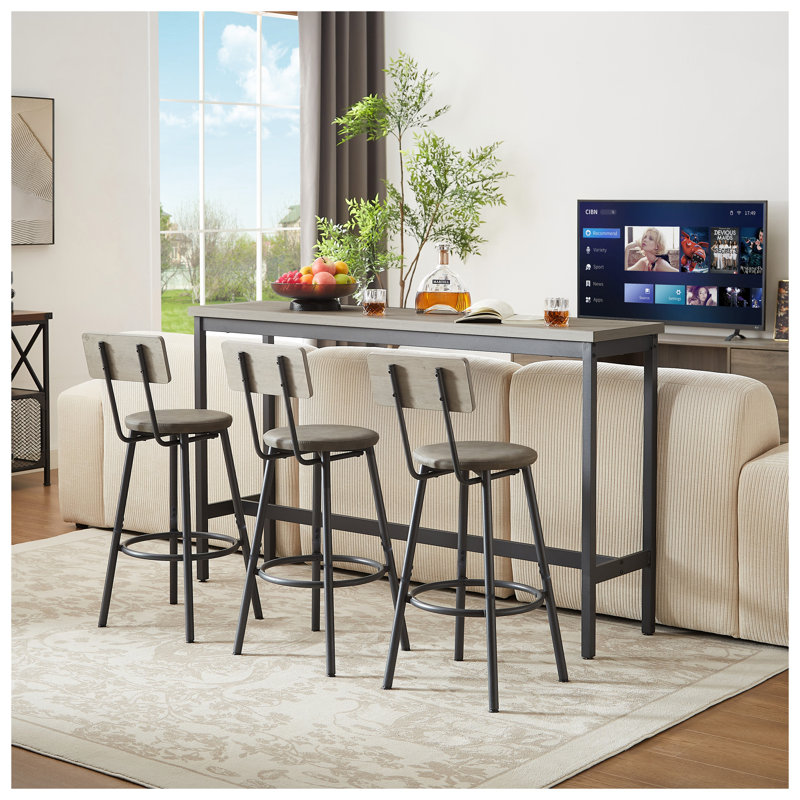 Ensemble de table de bar 63 po avec tabourets rembourrés en polyuréthane 63 po, mobilier de cuisine rustique gris