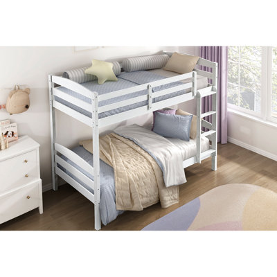 Twin Over Bunk Bed In Crisp White Finish, Wood Frame, Guard Rails On Top Bunk, No Box Spring, 300Lbs Capacity, Ideal For Sleepover Rooms Finish - Bed, Easy Access, Foundation, Bedroom Space Saver