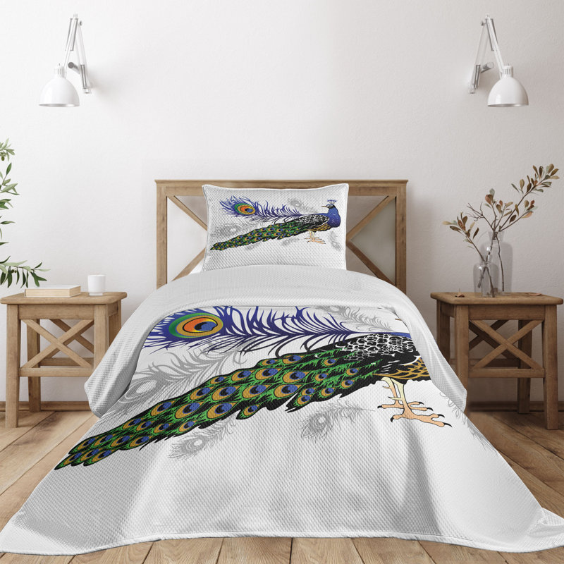 White Twin Quilted Bedspread Set with Peacock Design
