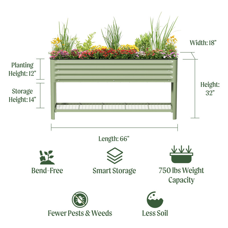 32" Tall 66" Long Metal Outdoor Elevated Planter, Modern Gray