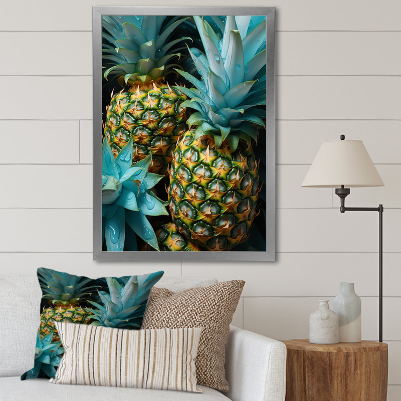 «Green Pineapple Paradise I», art mural ananas, Cadre flottant brun, H 32 po x l 16 po x P 1 po