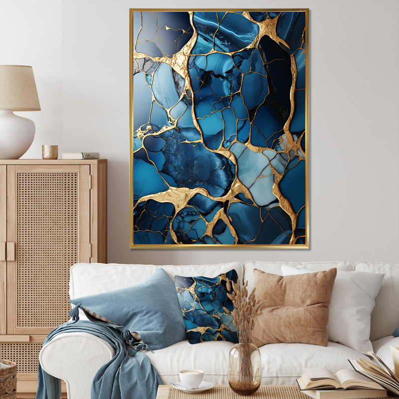 Or et mosaïque de marbre bleu saphir VI, Cadre flottant doré, 20" H x 12" W