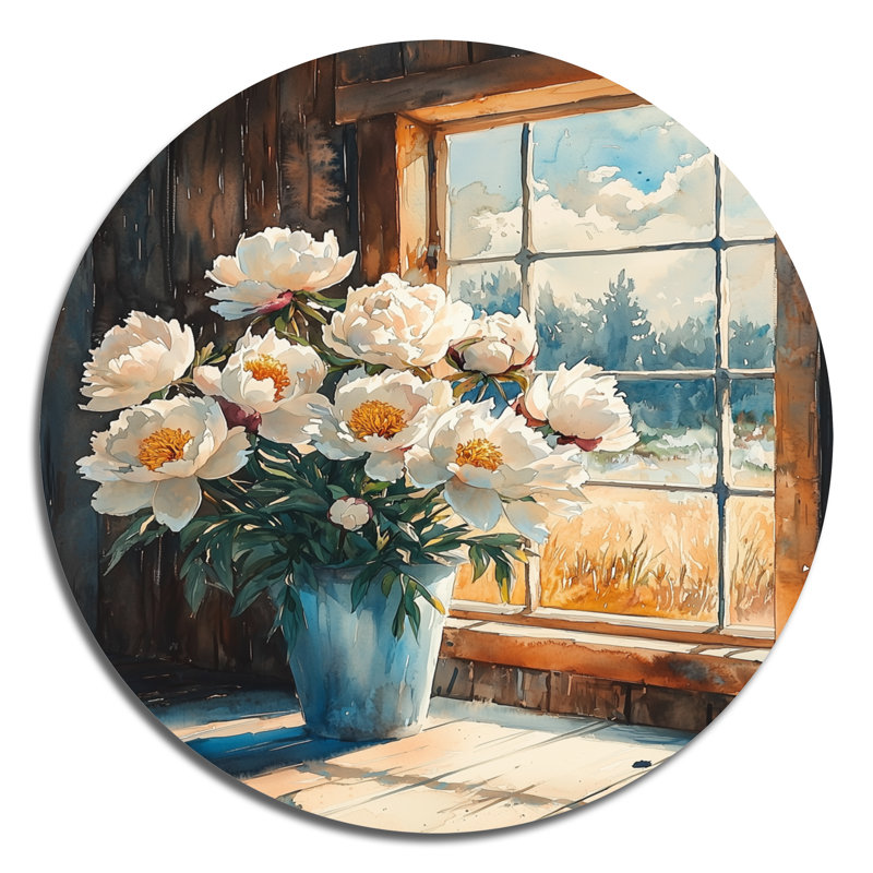 Pivoines dans la grange d'hiver II - impression de décoration murale traditionnelle en métal blanc, H 29 po x l 29 po