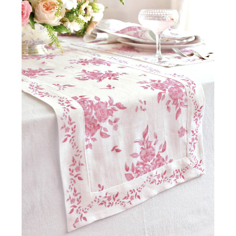 Chemin de table Jolie Fleur - 100% lin pur, 60 po x 14 po, Rose