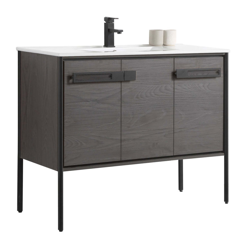 42" Single Bathroom Vanity, Black Coal Oak, Matte Black