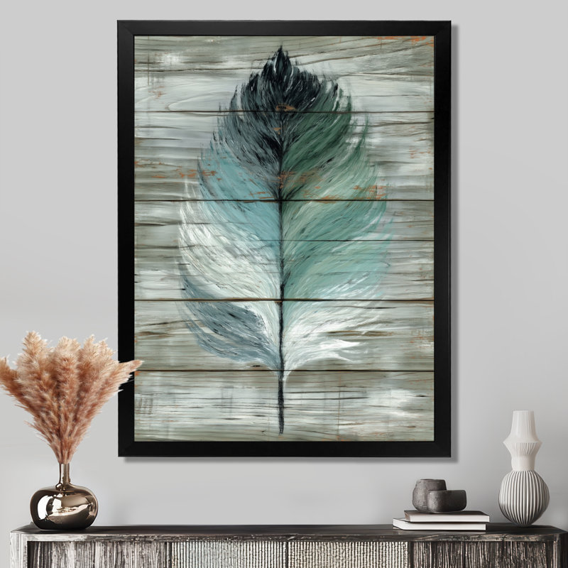 «Boho Wood Texture Feather», reproduction d'art sur toile encadrée vert Boho, Cadre photo unique, Noir, H 44 po x l 34 po