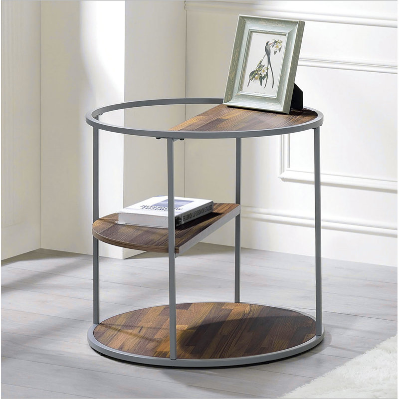 Table de bout à demi-tablette unique de style industriel avec finition grise et noyer avec trois tablettes, table basse thermolaquée - non incluse