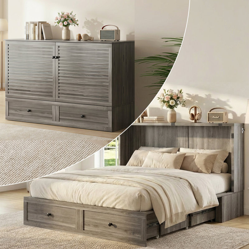 Murphy Bed Queen with Charging Station & Storage Drawer, Grey, Gray