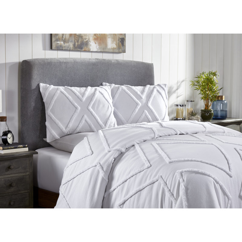 Cotton Ring Stitch Geometric Shapes Comforter, White, King Comforter + 2 Shams