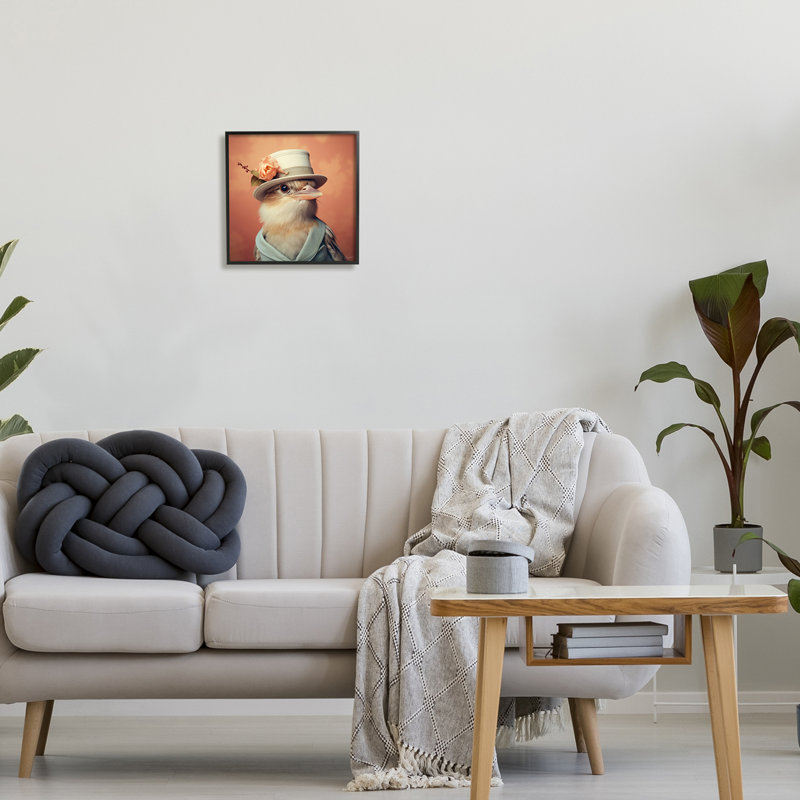 Oiseau au chapeau rétro encadré sur bois par Roozbeh, H 12 po x l 12 po x P 1,5 po, Giclée encadrée noir minuit