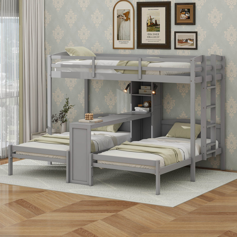 Lit superposé simple au-dessus de simple et simple avec bureau intégré et tablettes de rangement, lampe de lecture, Gris