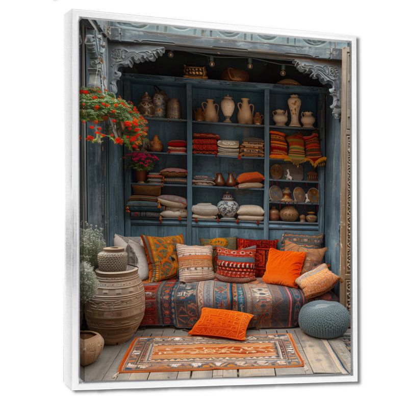 Orange bleu bohémien bazar Boho - art mural du Maroc, salon, H 40 po x l 30 po x P 1,5 po, Cadre flottant blanc