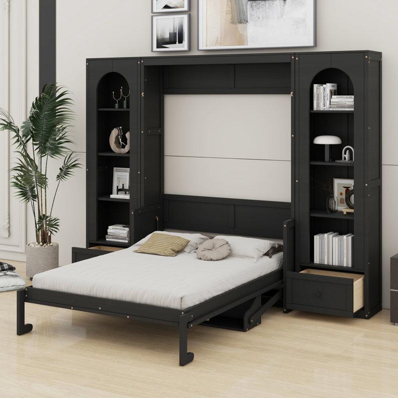 Murphy Platform Bed With Shelf, Side Cabinets, Drawers And LED, Black