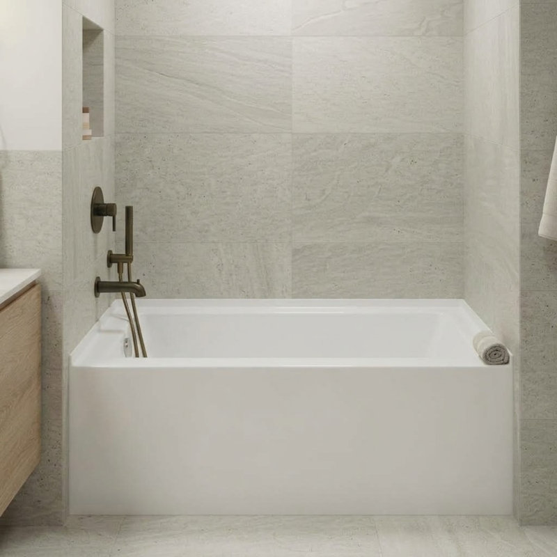 Baignoire de trempage en alcôve en acrylique avec tablier frontal 54 po Condris, débordement rond, drain à gauche, blanc Condris