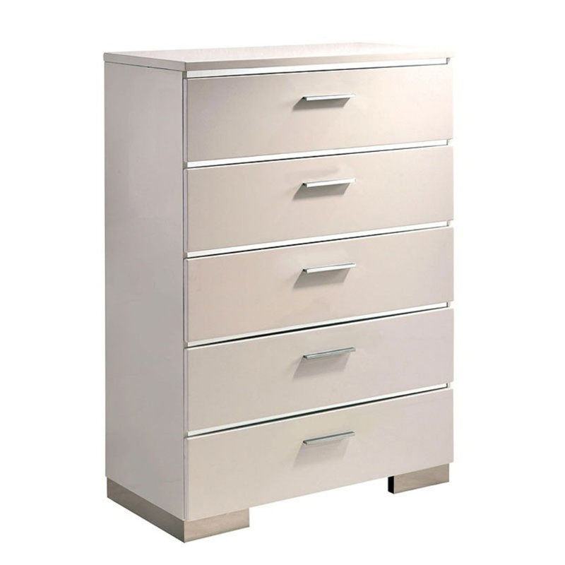 Commode 1 pièce à 5 tiroirs de style contemporain avec accents chromés à revêtement ultrabrillant
