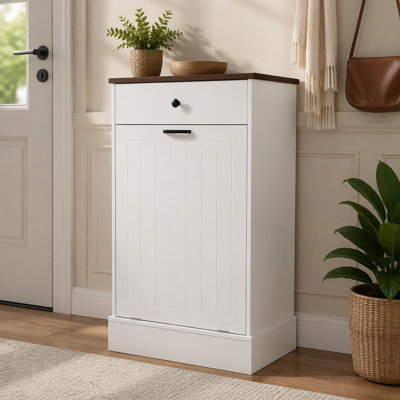 White farmhouse-style flip-top wooden trash can cabinet with drawers, can hold 10-gallon bins, suitable for kitchen and living room storage.