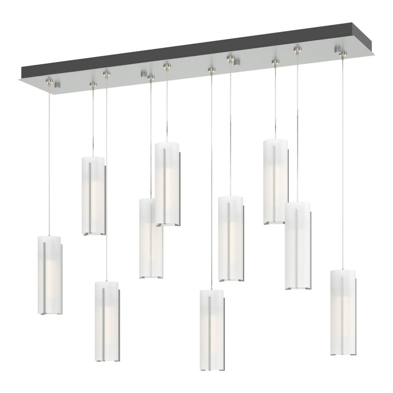 Luminaire suspendu cylindrique 10 lumières Exos, Long: 13 po à 80 po, Verre opale, Platine rétro